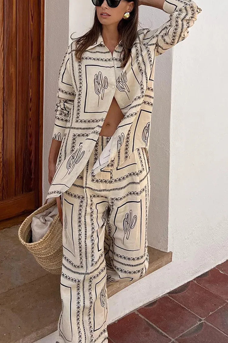 Printed Shirts Two Piece Set Women Long Sleeve Lapel Shirts High Waist Wide Leg Pants Suit For Women