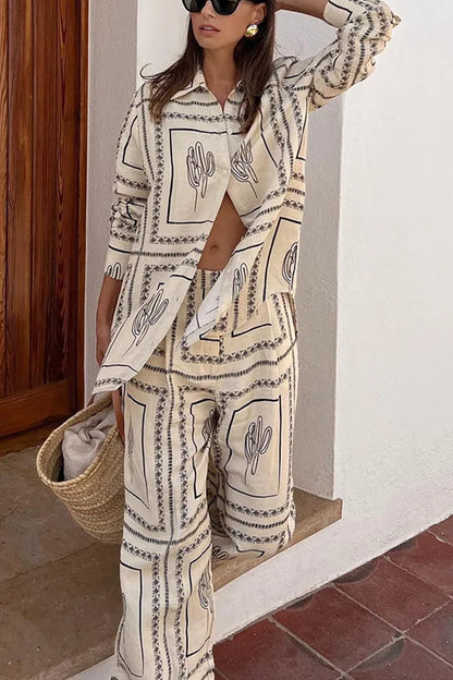 Printed Shirts Two Piece Set Women Long Sleeve Lapel Shirts High Waist Wide Leg Pants Suit For Women
