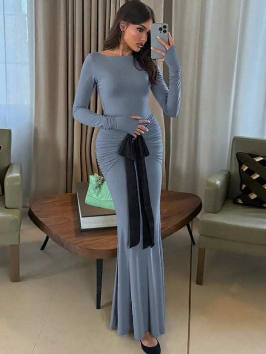 Women's Long Sleeve Maxi Dress - Ruched Bow Bodycon