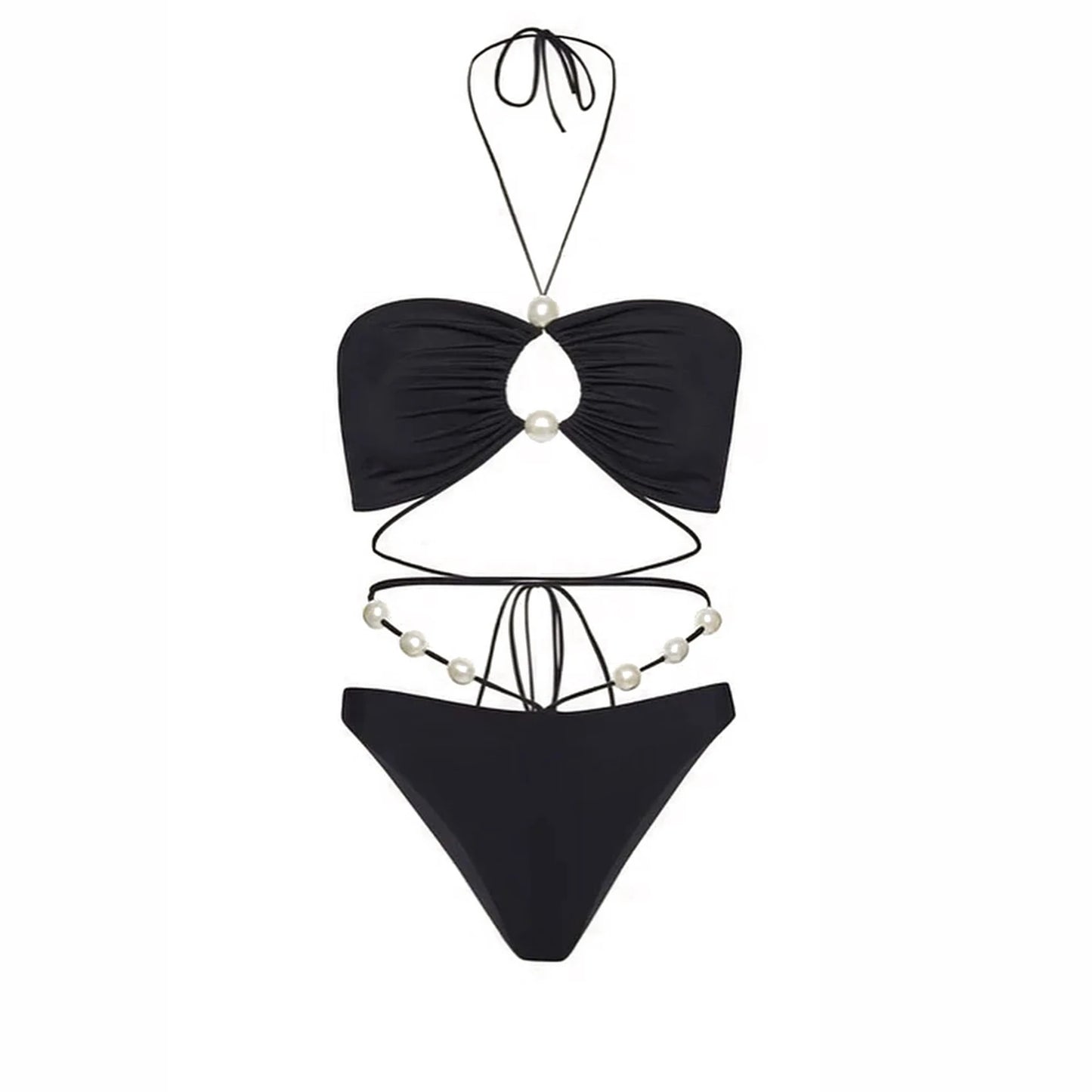 3Pcs Sexy Bikini Set With Cover Up Pearls White Swimsuit Women Halter Swimwear Female Off Shoulder Bathingsuit Biquini Beachwear