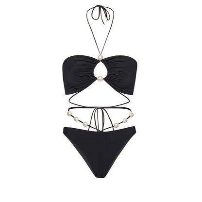 3Pcs Sexy Bikini Set With Cover Up Pearls White Swimsuit Women Halter Swimwear Female Off Shoulder Bathingsuit Biquini Beachwear