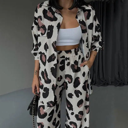 Leopard Print Women's Two Piece Sets Elegant Casual Button Streetwear Long Sleeve Shirt And Wide Leg Pants 2 Piece Sets