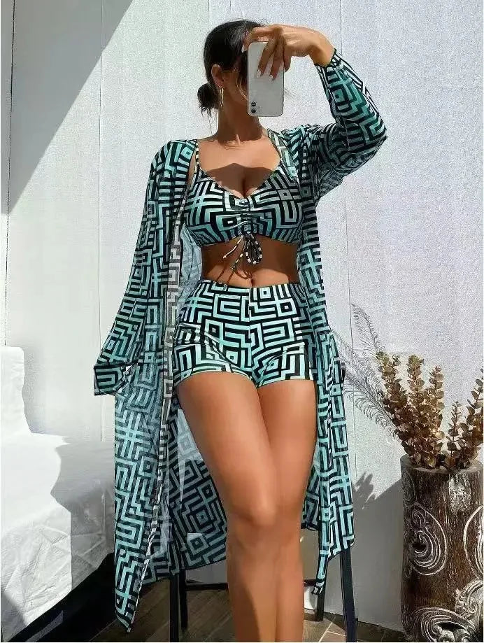 Best Selling High Waist Beachwear Women's Two-Piece Swimsuit Cover up Three-Piece Set Gathered