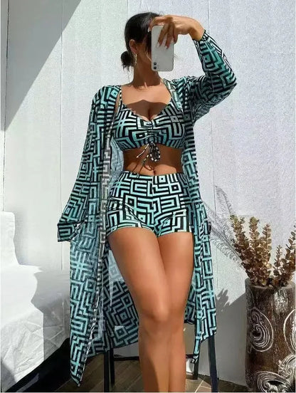 Best Selling High Waist Beachwear Women's Two-Piece Swimsuit Cover up Three-Piece Set Gathered
