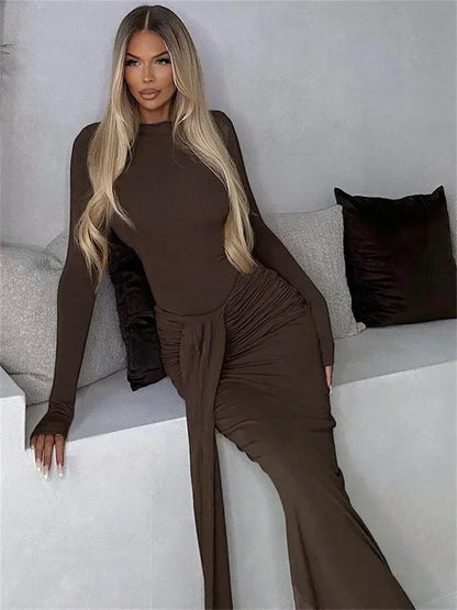 2 Piece-Set Maxi Skirt Casual High Waist Jumpsuit And Pleated Long Skirt Outfits Sexy Solid Skinny Outfits