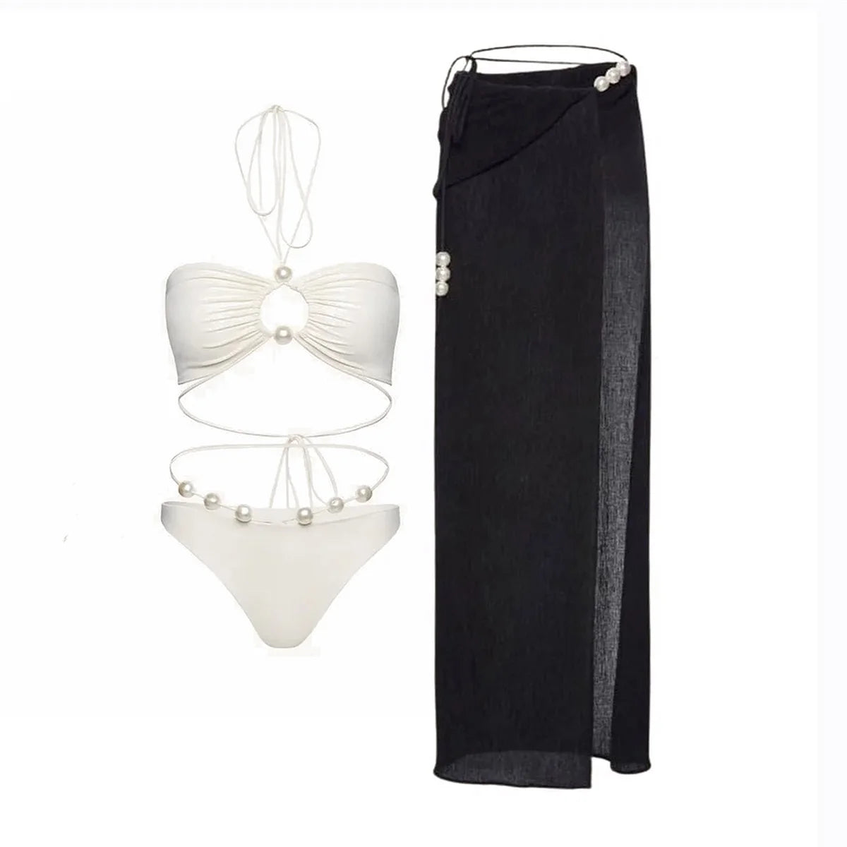 3Pcs Sexy Bikini Set With Cover Up Pearls White Swimsuit Women Halter Swimwear Female Off Shoulder Bathingsuit Biquini Beachwear