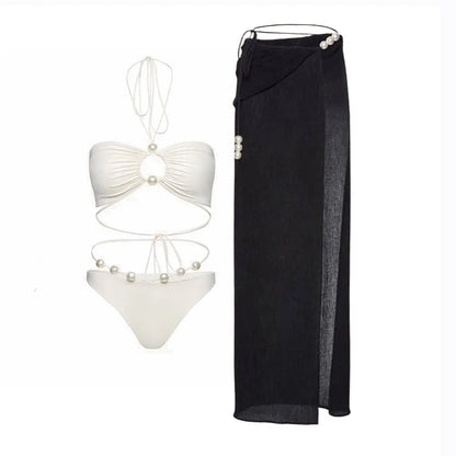 3Pcs Sexy Bikini Set With Cover Up Pearls White Swimsuit Women Halter Swimwear Female Off Shoulder Bathingsuit Biquini Beachwear