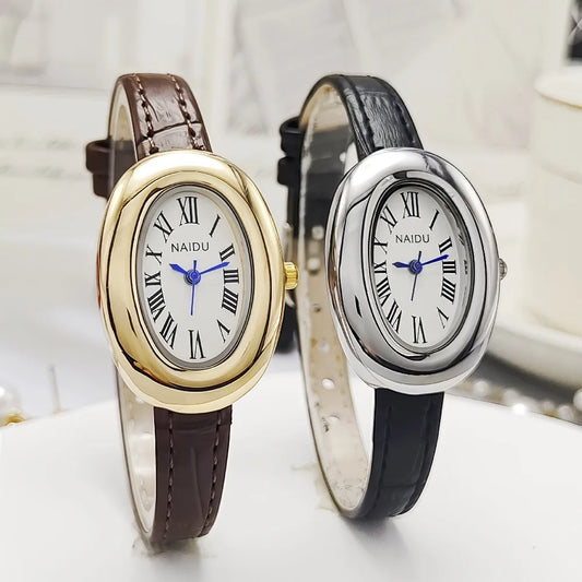 Vintage Oval Goose Egg Quartz Leather Watch for Women – Elegant Christmas Gift