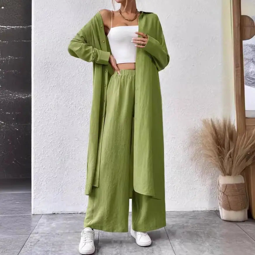 Two Piece Sets Women Solid Long Cardigan Full Sleeve Shirts Button Wide Leg Pants Suits Solid Loose Casual Lady Spring
