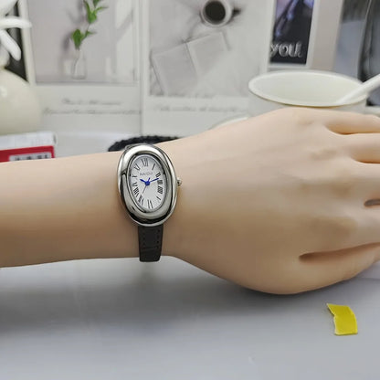 Vintage Oval Goose Egg Quartz Leather Watch for Women – Elegant Christmas Gift
