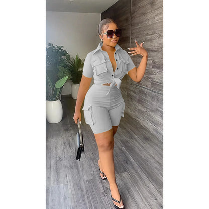 Women's Streetwear Two Piece Set - Summer Button-Up Shorts
