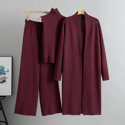Women's 3 Piece Cardigan Set - Knitted Tracksuit & Pants