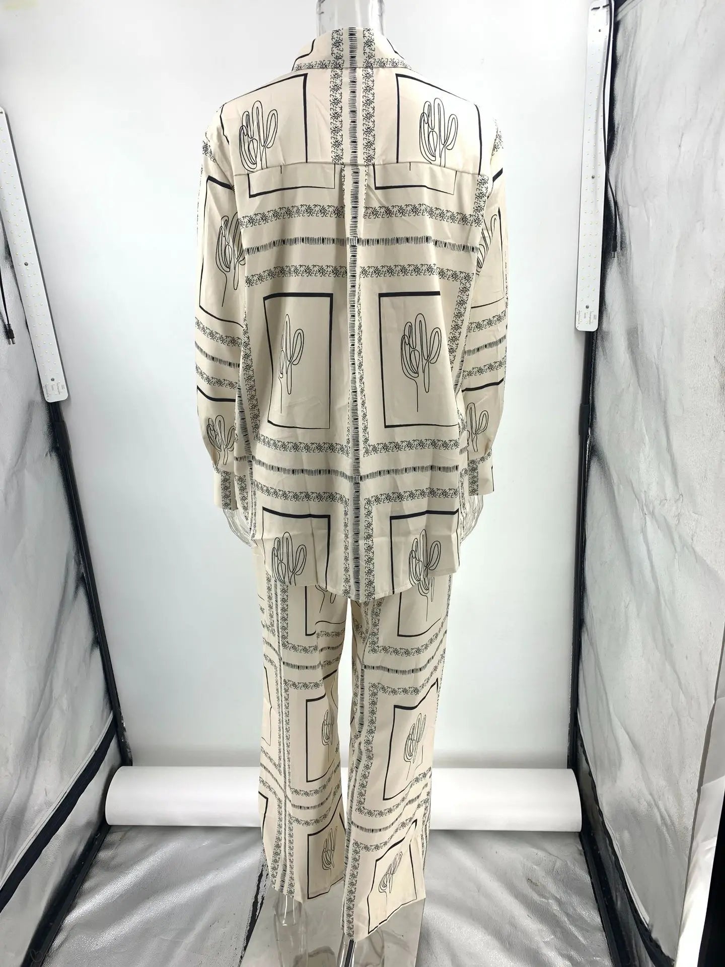 Printed Shirts Two Piece Set Women Long Sleeve Lapel Shirts High Waist Wide Leg Pants Suit For Women