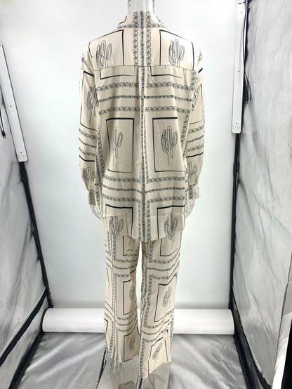 Printed Shirts Two Piece Set Women Long Sleeve Lapel Shirts High Waist Wide Leg Pants Suit For Women