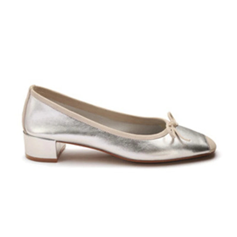 Fashion Elegant Silk Ballerinas Women Pumps Slip On Loafers Round Toe Square Heels Bowknot Casual Spring Autumn Shoes