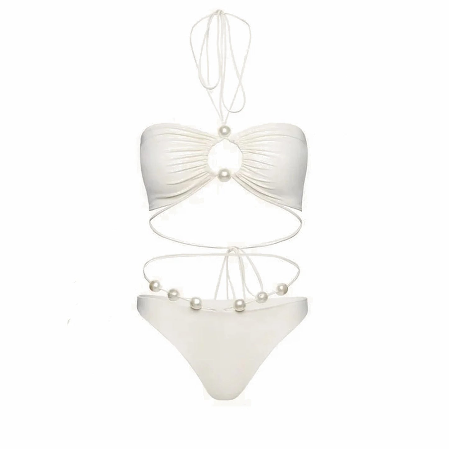 3Pcs Sexy Bikini Set With Cover Up Pearls White Swimsuit Women Halter Swimwear Female Off Shoulder Bathingsuit Biquini Beachwear