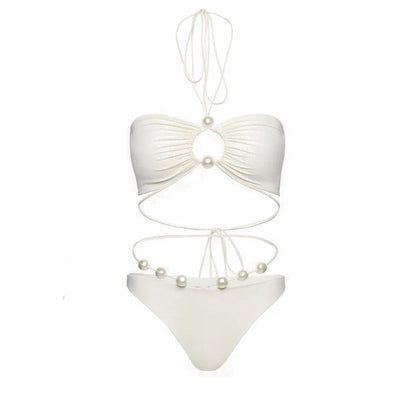 3Pcs Sexy Bikini Set With Cover Up Pearls White Swimsuit Women Halter Swimwear Female Off Shoulder Bathingsuit Biquini Beachwear