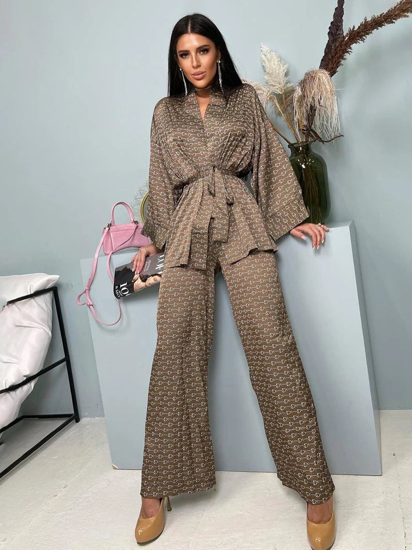 Two piece silk set   Long Sleeve Drop Shoulder Shirt & High Elastic Waist
