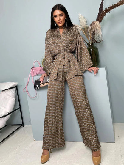 Two piece silk set   Long Sleeve Drop Shoulder Shirt & High Elastic Waist
