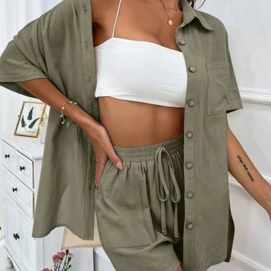 Womens Two Peice Sets Fashion Shorts Solid Color Shirts Set Short-sleeved Casual Loosesingle-breasted Women's 2 Piece Sets