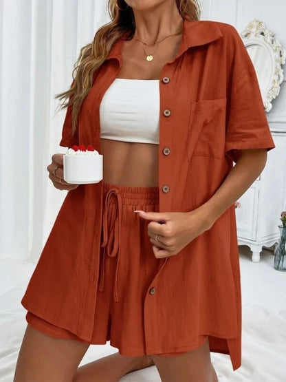 Womens Two Peice Sets Fashion Shorts Solid Color Shirts Set Short-sleeved Casual Loosesingle-breasted Women's 2 Piece Sets