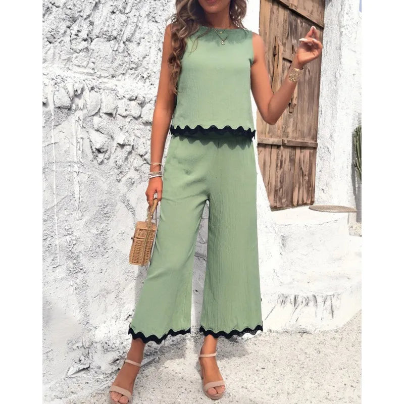 Summer Green Shirt Top Pants 2 Piece Set Fashion Casual Suit New 2024 Female Elegant Office Sweet Sets Women's Clothing Solid