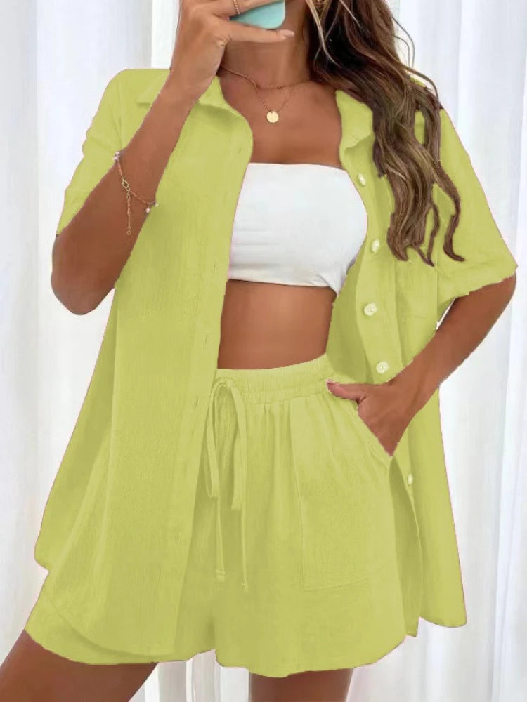 Womens Two Peice Sets Fashion Shorts Solid Color Shirts Set Short-sleeved Casual Loosesingle-breasted Women's 2 Piece Sets