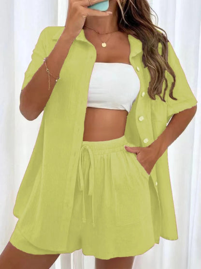 Womens Two Peice Sets Fashion Shorts Solid Color Shirts Set Short-sleeved Casual Loosesingle-breasted Women's 2 Piece Sets