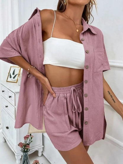Womens Two Peice Sets Fashion Shorts Solid Color Shirts Set Short-sleeved Casual Loosesingle-breasted Women's 2 Piece Sets