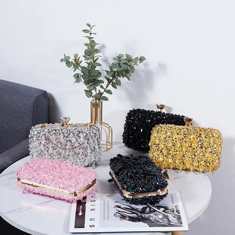 Women's Sequin Evening Clutch - Luxury Beaded Chain Bag
