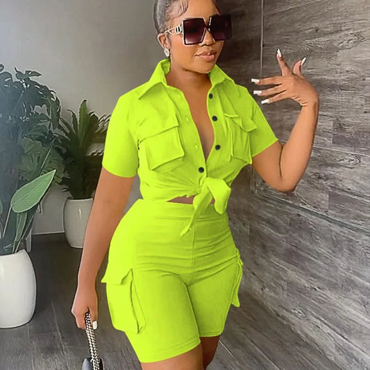 Women's Streetwear Two Piece Set - Summer Button-Up Shorts