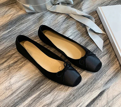 Fashion Elegant Silk Ballerinas Women Pumps Slip On Loafers Round Toe Square Heels Bowknot Casual Spring Autumn Shoes
