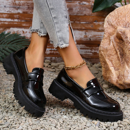 Women Thick Sole Comfortable Platform Loafers, Black, Spring/Autumn, British Style