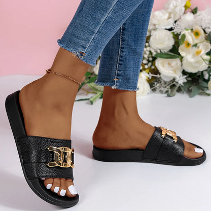 Summer Women’s Golden Buckle Slip-On Slippers