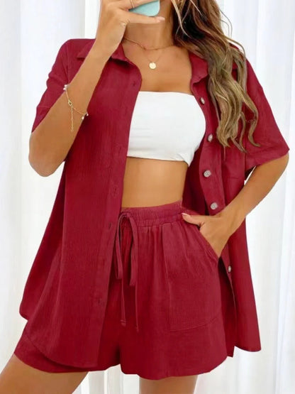 Womens Two Peice Sets Fashion Shorts Solid Color Shirts Set Short-sleeved Casual Loosesingle-breasted Women's 2 Piece Sets