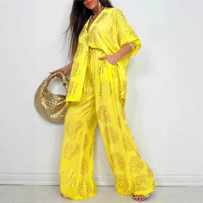 l Printed Gold Embossed Loose Long-sleeved Shirt Suit Laid-back Pocket Wide-leg Trousers Elegant Female 2 Piece Set