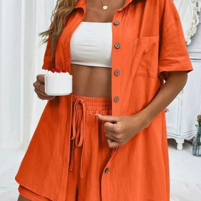 Womens Two Peice Sets Fashion Shorts Solid Color Shirts Set Short-sleeved Casual Loosesingle-breasted Women's 2 Piece Sets