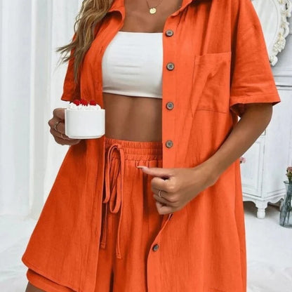 Womens Two Peice Sets Fashion Shorts Solid Color Shirts Set Short-sleeved Casual Loosesingle-breasted Women's 2 Piece Sets
