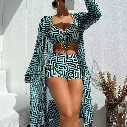 Best Selling High Waist Beachwear Women's Two-Piece Swimsuit Cover up Three-Piece Set Gathered