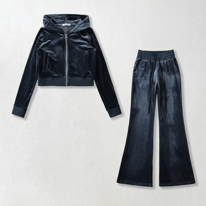 Women's Y2K Velvet Set - Hooded Cardigan & Straight Pants