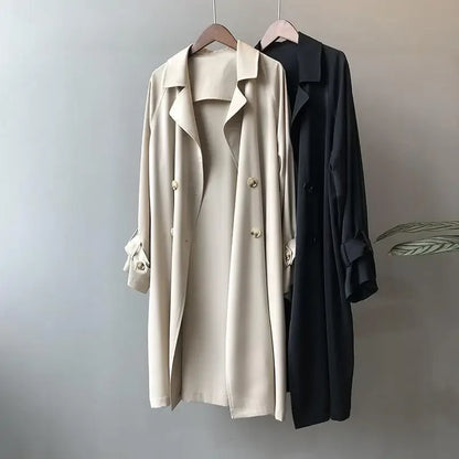 Women's Midi Length Coat - British Style Draped Windbreaker