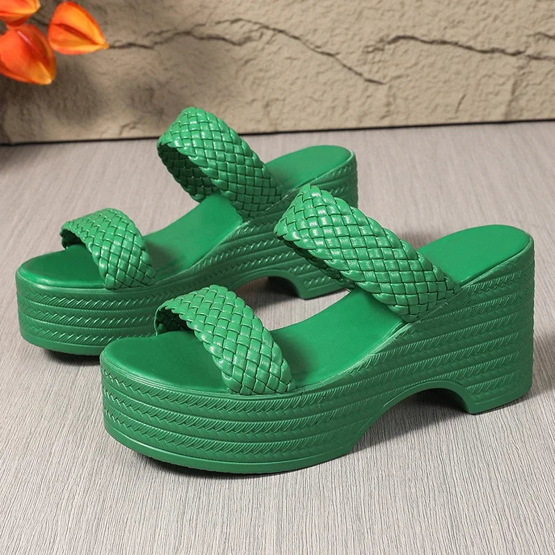 Green Wedge Heeled Woven Sandals