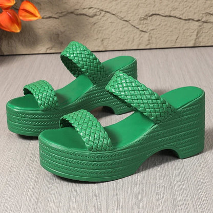 Green Wedge Heeled Woven Sandals