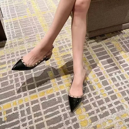 High-quality women's summer high heels fashion retro rivet pointed patent leather casual comfortable shallow office sandals