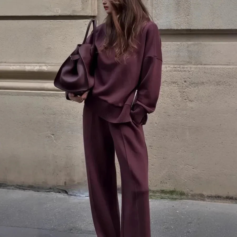 Women's Long Sleeve Sweatshirt Set - Loose Pocket Pants