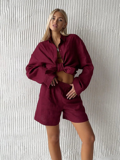 Women's Cotton Casual Set - Long Sleeve Shirt & Pants
