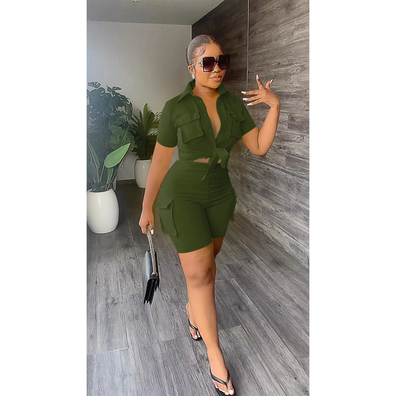 Women's Streetwear Two Piece Set - Summer Button-Up Shorts