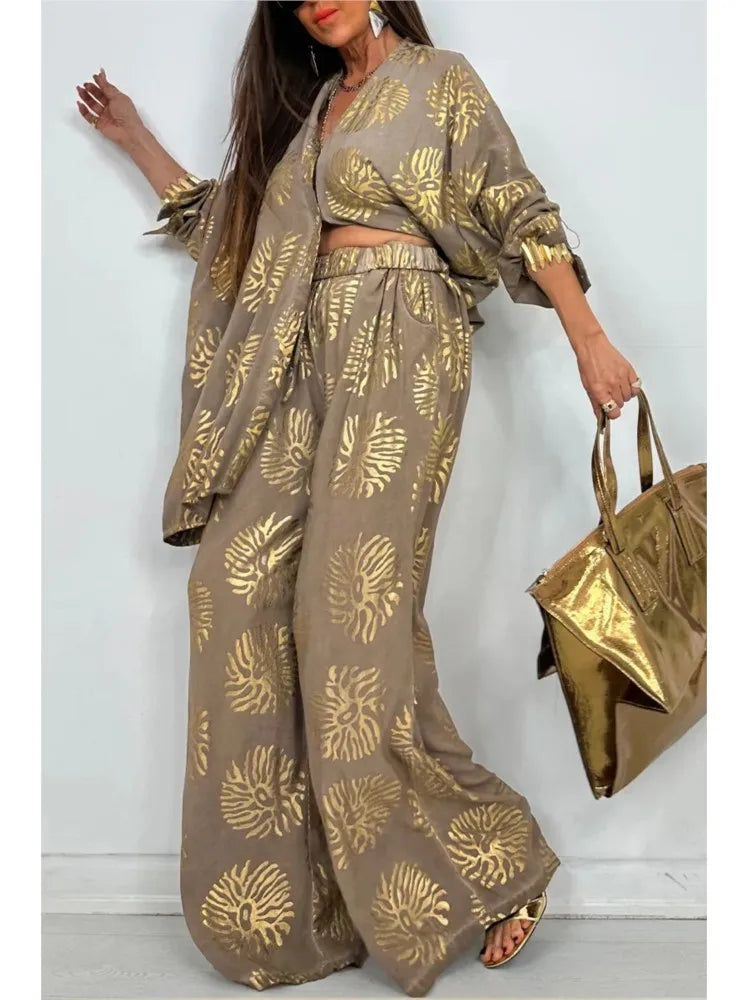 l Printed Gold Embossed Loose Long-sleeved Shirt Suit Laid-back Pocket Wide-leg Trousers Elegant Female 2 Piece Set