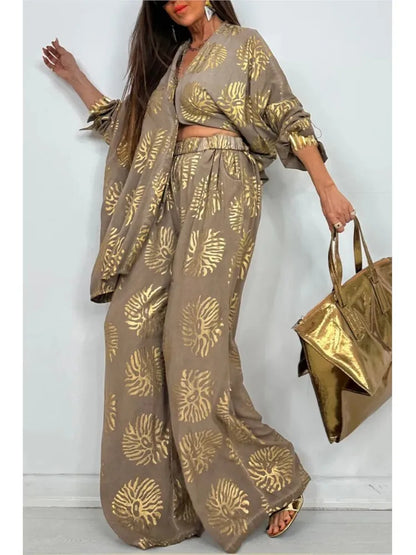 l Printed Gold Embossed Loose Long-sleeved Shirt Suit Laid-back Pocket Wide-leg Trousers Elegant Female 2 Piece Set