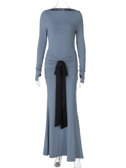 Women's Long Sleeve Maxi Dress - Ruched Bow Bodycon